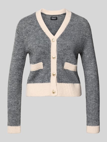 Produktfoto, Shaped Fit Strickjacke mit Woll-Anteil Modell 'MAGGIE LIFE' van Only, meerkleurige gebreide stof, V-hals, lange mouwen, geribde boorden, knoopsluiting, sierzakken, label stitching