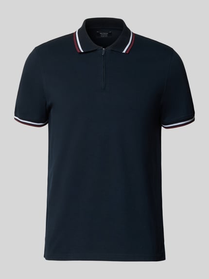 Produktfoto, Slim Fit Poloshirt mit Kontraststreifen und Reißverschluss von MCNEAL aus Baumwoll-Elasthan-Mix, dunkelblau, Herren, Rückenlänge bei Größe M 73 cm