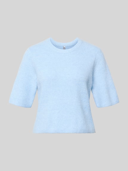 Produktfoto, Boxy Fit T-Shirt aus Rippstrick mit Woll-Anteil Modell 'SILLY' von Pieces, hellblau, unifarben, Rundhals, kurzarm, feine Rippenstruktur