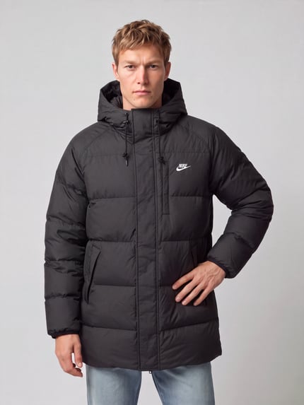 Männermodel trägt Regular Fit Steppjacke mit Kapuze von Nike in Schwarz mit Logo-Stitching, Longline, Ganzkörperansicht von vorne.