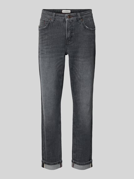 Produktfoto, Regular Fit Jeans in 7/8-Länge Modell 'Kerry' von Cambio aus elastischem Baumwoll-Mix in Grau mit Knopf- und Reißverschluss, sichtbare Struktur.