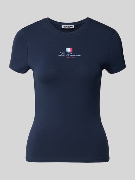 Productfoto, donkerblauw Slim Fit T-Shirt met ronde hals en Frankrijk-motief van REVIEW, katoenmix met stretch, ruglengte maat S 53 cm
