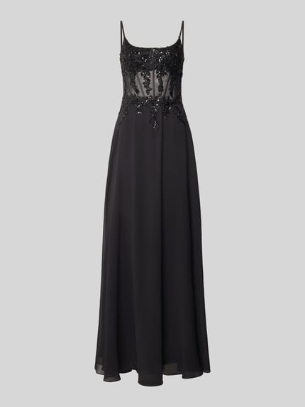 Produktfoto, sukienka wieczorowa 'Abendkleid mit Pailettenbesatz' od Mascara, cekinowe obszycie, krój taliowany, kwiatowy wzór, półprzezroczysty materiał, cienkie ramiączka, długość tyłu w rozmiarze 36: 131 cm, szerokość w rozmiarze 36: 39 cm