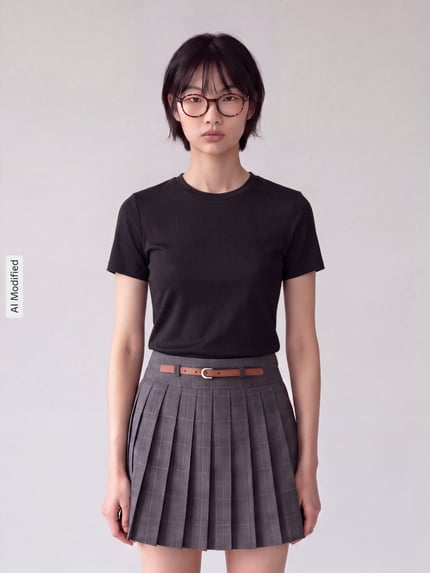 Frauenmodel trägt Slim Fit T-Shirt aus Baumwoll-Mix Modell 'RILEY' von ONLY in Schwarz zu grauem Faltenrock, Ganzkörperansicht von vorne, KI-modifiziertes Bild.