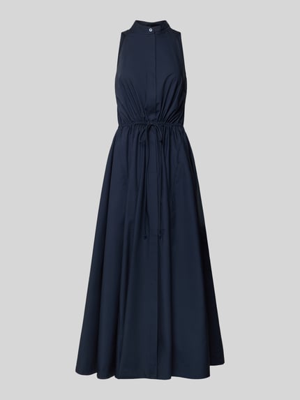 Produktfoto, Midikleid aus Baumwolle mit Schnürung von Emporio Armani in Dunkelblau, A-Linie, Stehkragen, verdeckte Knopfleiste, glatte Struktur.