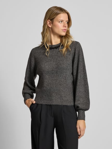 ONLY Regular Fit Strickpullover mit Schmucksteinbesatz Modell 'ELSA' Mittelgrau Melange 4