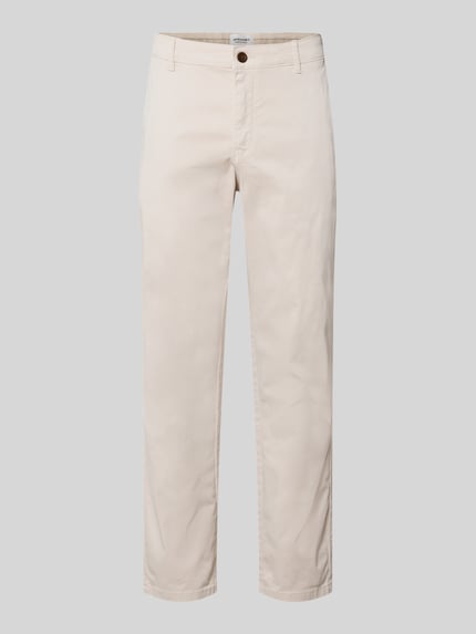 Produktfoto, Straight Fit Chino mit Eingrifftaschen Modell 'Vance' von Jack & Jones, Beige, glatte Oberfläche, Herren, Baumwoll-Mix, Knopf- und Reißverschluss, Bundweite 43 cm, Innenbeinlänge 67 cm.