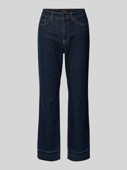 Produktfoto, Feminine Fit Jeans in verkürzter Passform von Marc Cain aus dunkelblauem Baumwoll-Elasthan-Mix mit Eingrifftaschen, kontrastfarbene Nähte