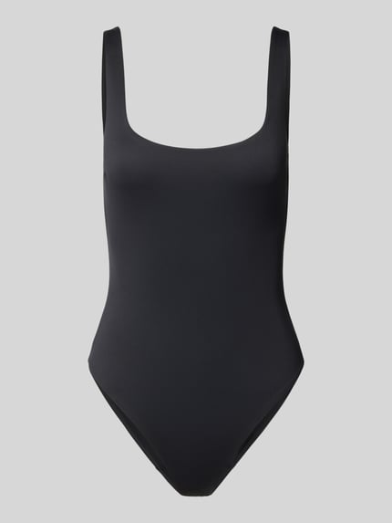 Produktfoto, zwart nauwsluitend badpak met labeldetail, materiaalmix met stretch, model 'CASSANDRA' van MC2 Saint Barth
