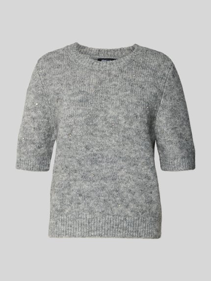 Produktfoto, grauer Strickpullover mit 1/2-Arm und Rundhalsausschnitt von Gina Tricot, Material-Mix mit Lanawoll-Anteil, Ziersteinbesatz, Regular Fit