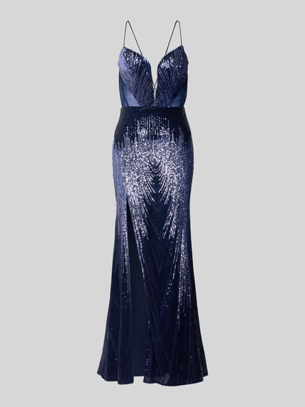 Produktfoto, Slim Fit Abendkleid mit Allover-Pailettenbesatz van Mascara in donkerblauw, semi-transparant, split, ritssluiting, spaghettibandjes