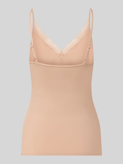 Produktfoto, Slim Fit Top mit Spitzenbesatz Modell 'Go Blush' von Sloggi, kolor beżowy, gładka tkanina, koronkowe wykończenie, krój slim fit, spaghettiträger