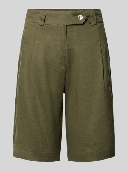Produktfoto, Bermudas aus Leinen mit Gesäßtaschen von Christian Berg Woman in Olivgrün, Regular-Fit, Knopfverschluss, strukturierte Oberfläche, Bundweite 38 cm, Innenbeinlänge 27 cm, Größe 36