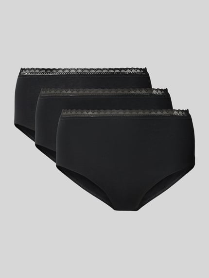 Produktfoto, Slim Fit Slip aus Baumwoll-Mix im 3er-Pack von SCHIESSER, schwarze Farbe, Spitzenbesatz, glatte strukturierte Oberfläche.