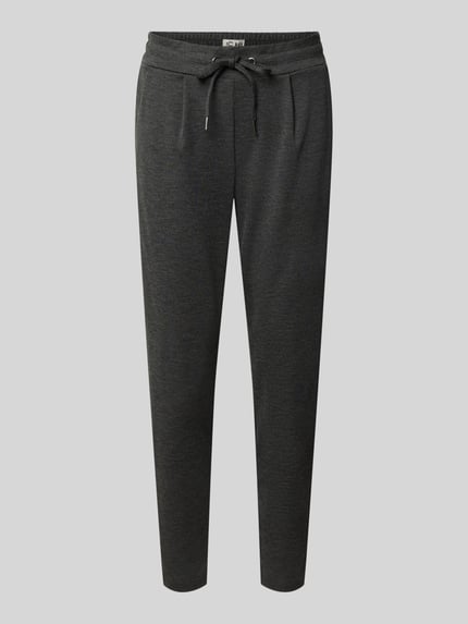 Produktfoto, Sweatpants mit elastischem Bund Modell 'KATE' von ICHI in Dunkelgrau, glatte Struktur, Tunnelzug, Material-Mix mit Viskose-Anteil