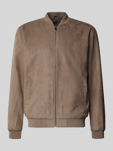 Produktfoto, Regular Fit Bomberjacke in Lederoptik Modell 'LUCAS' von Only & Sons, Optik: Unifarben, Passform: Regular-Fit, Kragenform: Baseball-Kragen, Verschluss: Reißverschluss, Ärmelform: Langarm, Ärmelabschluss: Gerippt, Rumpfabschluss: Gerippt, Taschen: Seitliche Eingrifftaschen, Innentasche, matte strukturierte Oberfläche in Braun.
