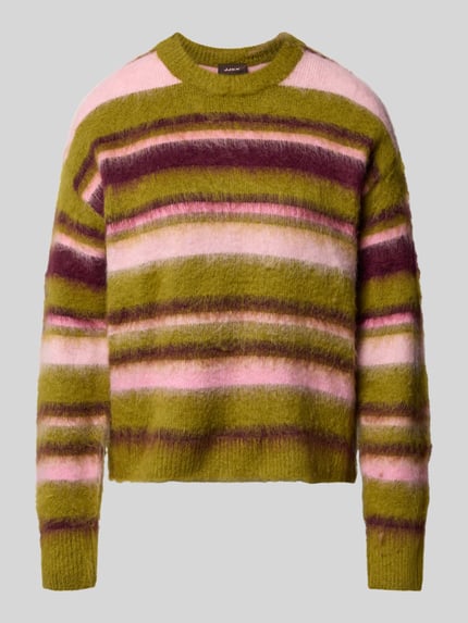 Produktfoto, Relaxed Fit Strickpullover aus elastischem Woll-Mix von JJXX, Modell CALISTA, gestreift in Grün, Rosa und Braun, Damen Strickpullover, weiche Textur, Streifenmuster, Rückenlänge 52 cm, Ärmellänge 49 cm