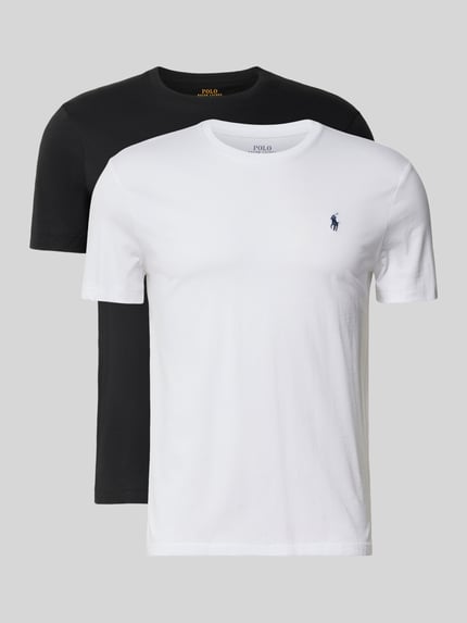 Produktfoto, zwei Regular Fit T-Shirt-Set aus reiner Baumwolle von Polo Ralph Lauren in Weiß und Schwarz vor grauem Hintergrund, Herren T-Shirt-Set