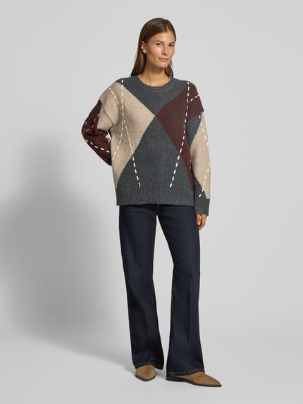 Apricot Strickpullover im Allover-Look mit Rundhalsausschnitt Mittelgrau 1