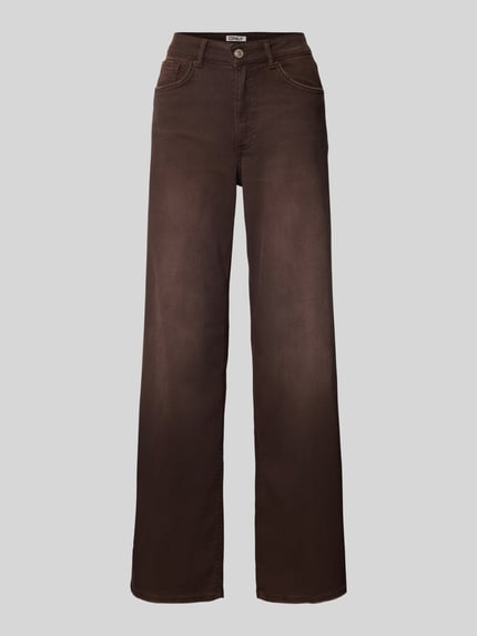 Produktfoto, brązowe Wide Leg Jeans aus Baumwoll-Mix Modell 'JUICY' von Only, jednolity denim, wysoki stan, 5 kieszeni, szlufki, zapięcie na guzik i ukryty zamek.