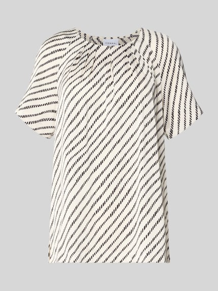 Productfoto, Blusenshirt mit Schlüsselloch-Ausschnitt van comma, zwart-wit diagonaal streeppatroon, regular fit, materiaal-mix met stretch, allover-look, geplooide details