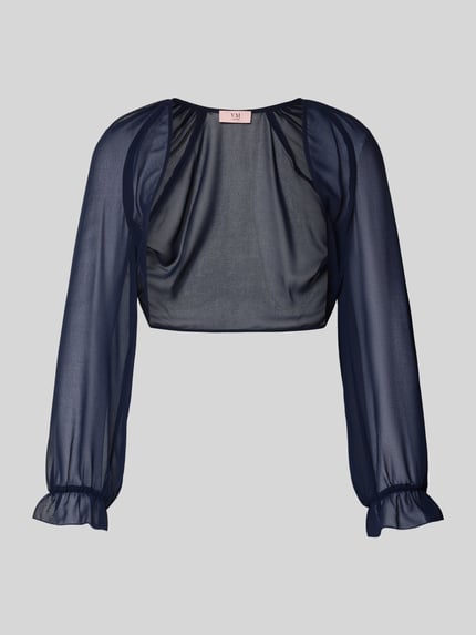 Produktfoto, Relaxed Fit Bolero in semitransparentem Design von V.M., dunkelblauer Stoff, Langärmelig mit Rüschenbesatz, Rückenlänge 41 cm bei Größe 36