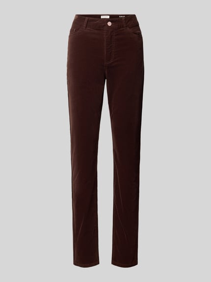 Produktfoto, Slim Fit Stoffhose aus elastischem Baumwoll-Mix von Christian Berg Woman in Braun, 5-Pocket-Design, glatte Struktur.