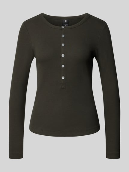 Produktfoto, Slim Fit Longsleeve mit Rundhalsausschnitt und Knopfleiste von G-Star Raw, Baumwoll-Elasthan, oliv, glatte Oberfläche