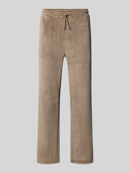 Produktfoto, Relaxed Fit Sweathose mit Samtstruktur von BOSS, unifarbenes Design, strukturierte Cord-Optik, Tunnelzugbund, seitliche Eingrifftaschen, Gesäßtaschen