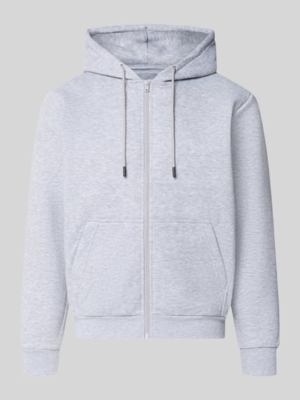 Produktfoto, Regular Fit Sweatjacke aus Baumwoll-Mix Modell 'BRADLEY' von JACK & JONES, szary melanż, kaptur z tunel, kieszeń kangurka, elastyczne wykończenia, Długość tyłu w rozmiarze M: 67 cm, Długość rękawów w rozmiarze M: 68 cm, mieszanka bawełny