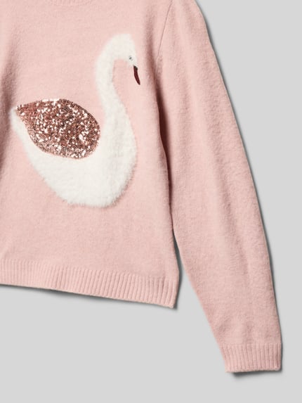 Produktfoto, Regular Fit Strickpullover mit Intarsien von s.Oliver RED LABEL in Rosa, Schwan-Motiv mit Pailletten, gerippte Abschlüsse, Stricktextur.