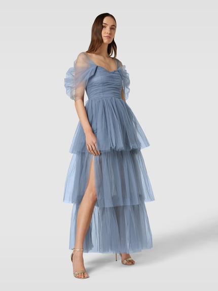 Lace & Beads Avondjurk in off shoulder-design Rookblauw - 1
