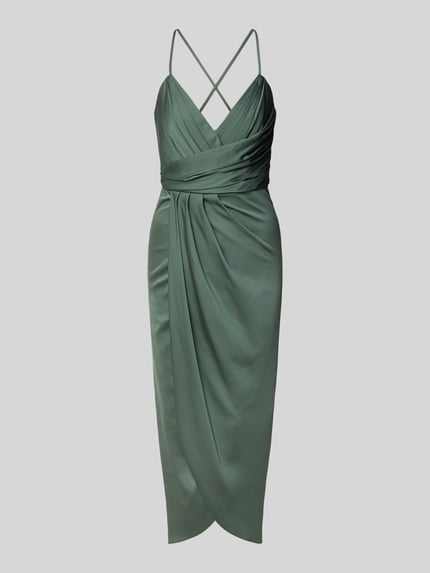 Produktfoto, Cocktailkleid aus Satin in Wickel-Optik von V by Vera Mont, Midikleid in Olivgrün, glatte Oberfläche, schmaler Schnitt, Spaghettiträger