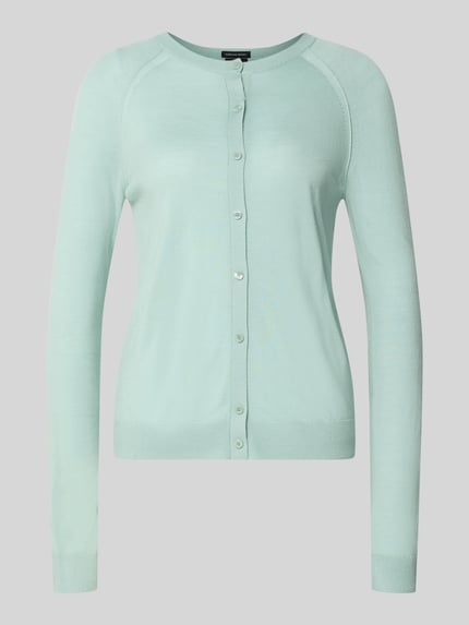 Produktfoto, Regular Fit Strickjacke aus reiner Schurwolle Modell 'FONAMI' von BOSS in Hellgrün, unifarben, Feinstrick, einreihige Knopfleiste, Rundhals, lange Raglanärmel, gerippte Abschlüsse