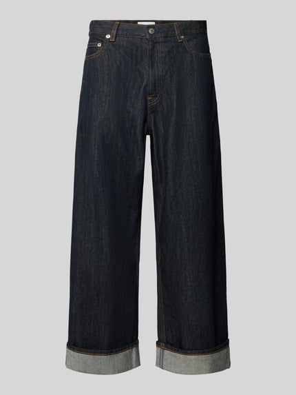 Produktfoto, granatowe spodnie Wide Fit Jeans aus reiner Baumwolle Modell 'TIMOTHY' von Samsøe Samsøe, 5 kieszeni, paski, zamek i guzik, Szerokość w rozmiarze 32/32: 43 cm, długość nogawki 72 cm, bawełna, wyraźna faktura dżinsu