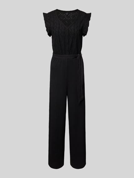 Produktfoto, Regular Fit Jumpsuit met ajourwerk model 'LELISA' van Only, look: effen, pasvorm: regular fit, met riemlussen en strikceintuur, V-hals, korte knoopsluiting, kapmouwen