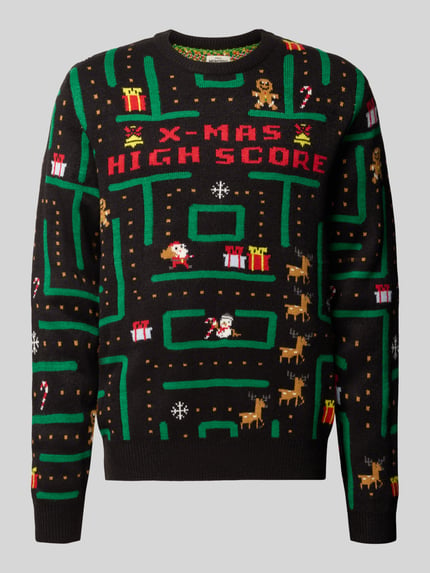 Produktfoto, Strickpullover im Allover-Look von Montego, Regular Fit, Rundhalsausschnitt, bunt gemustert mit X-MAS HIGH SCORE, Rückenlänge 72 cm, Ärmellänge 69 cm