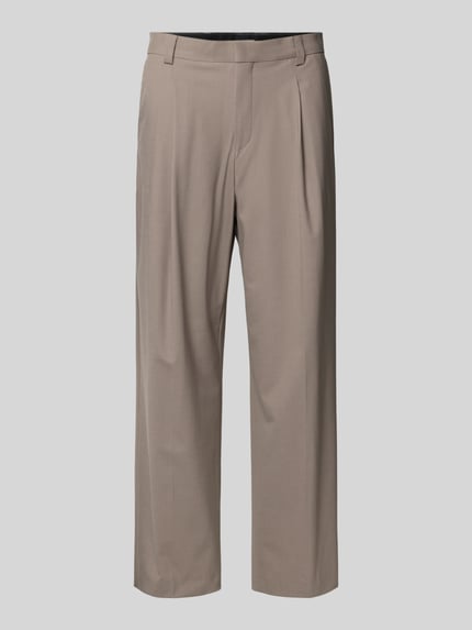 Produktfoto, beige Straight Fit Hose aus Schurwoll-Mix Modell 'TONY' von HUGO, unifarben mit Bundfalte, Gürtelschlaufen und seitlichen Taschen.