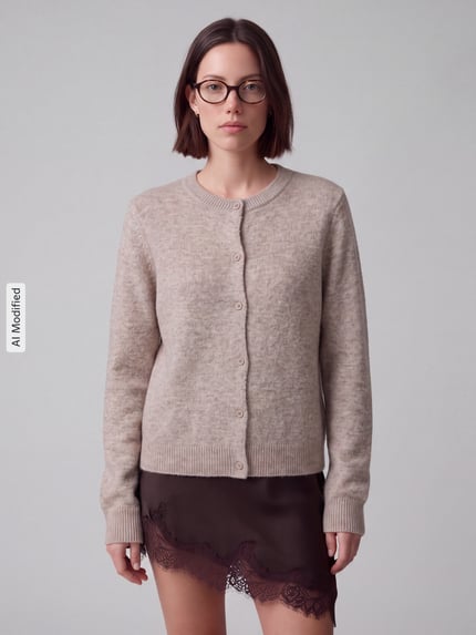 Frauenmodel trägt Regular Fit Strickjacke mit Woll-Anteil Modell 'MALOU' von PIECES in Beige, glatte Struktur, Ganzkörperansicht von vorne, KI-modifiziertes Bild