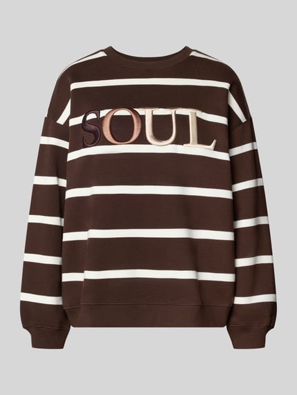 Produktfoto, Oversized Sweatshirt aus Baumwoll-Mix mit Statement-Stickerei von Smith and Soul, braun mit weißen Streifen, gerippte Abschlüsse, Rundhalsausschnitt, Damen Sweatshirt im lässigen Look
