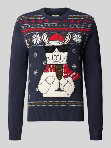 Produktfoto, Strickpullover im Allover-Look von Montego mit Rundhalsausschnitt, dunkelblau mit buntem Lama-Motiv, Regular Fit, Rückenlänge 68 cm, Ärmellänge 69 cm
