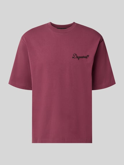 Produktfoto, Relaxed Fit T-Shirt aus reiner Baumwolle mit Logo-Stickerei von Dsquared2, bordeauxrot, Halbarm, gerippte Blende, Szerokość w rozmiarze M: 61 cm