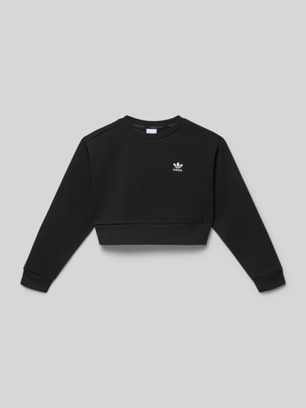 Produktfoto, Sweatshirt mit Rundhalsausschnitt und Logo-Stitching von adidas Originals, schwarzer Baumwoll-Mix, Boxy-Fit.