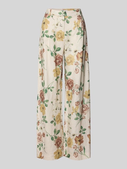 Produktfoto, Leinenhose mit französischen Eingrifftaschen von Jake*s Collection aus cremefarbenem Leinen mit buntem Blumenmuster, Wide Leg Fit