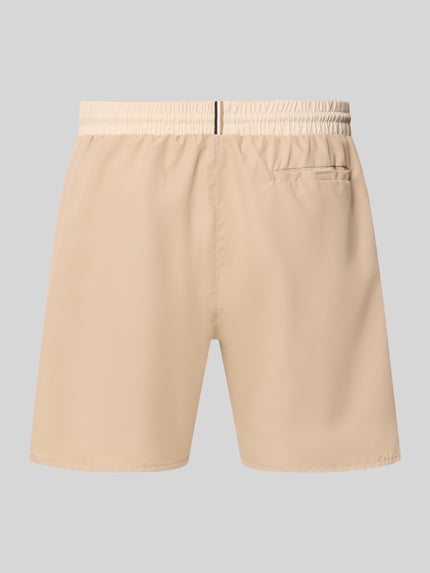 Produktfoto, Badeshorts mit Kontrast-Logo Modell 'STARFISH' von BOSS in Beige, elastischer Bund, Gesäßtasche, glatte Textur