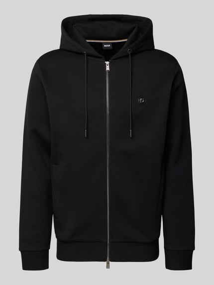 Produktfoto, Regular Fit Sweatjacke aus Baumwoll-Mix Modell 'C-SPENCE 01' von BOSS, unifarben schwarz, Zweiwege-Reißverschluss, Logo-Patch, Sweat-Material, seitliche Eingrifftaschen, Stehkragen mit Kapuze und Tunnelzug, Ärmel und Rumpfabschluss gerippt.