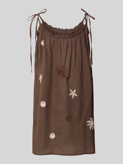 Produktfoto, Minikleid mit Stitchings von Jake*s Casual in Braun aus reiner Baumwolle, gerader Schnitt, Träger mit Schnürung, lockere Textur
