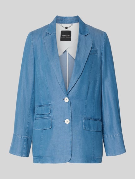 Produktfoto, Relaxed Fit Blazer mit Pattentaschen von Marc Cain aus reinem Lyocell in Denim-Optik mit Reverskragen und Knopfverschluss.