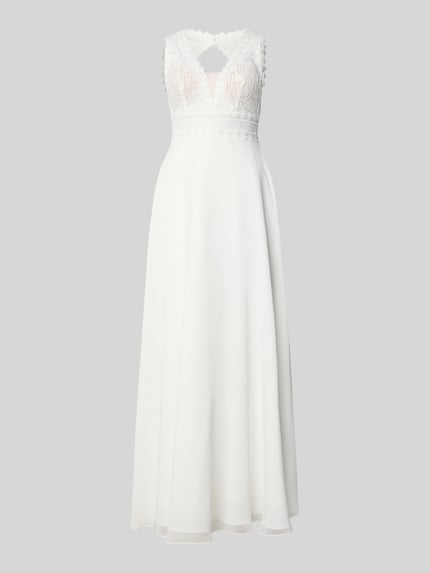 Produktfoto, Abendkleid mit floralem Stitching von Luxuar, Weiß, Tailliert, Semitransparent, V-Ausschnitt, Ärmelloses-Design, elegante Optik