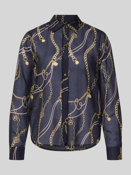 Produktfoto, Bluse mit Seide-Anteil und Kentkragen von Gant, Damen Bluse im Baumwoll-Mix mit Seide-Anteil, Regular-Fit, Knopfleiste, Sportmanschetten, abgerundeter Saum, Kettenmuster in Gold auf dunkelblauem Stoff, Rückenlänge 68 cm, Ärmellänge 61 cm, strukturierte, leicht glänzende Oberfläche.
